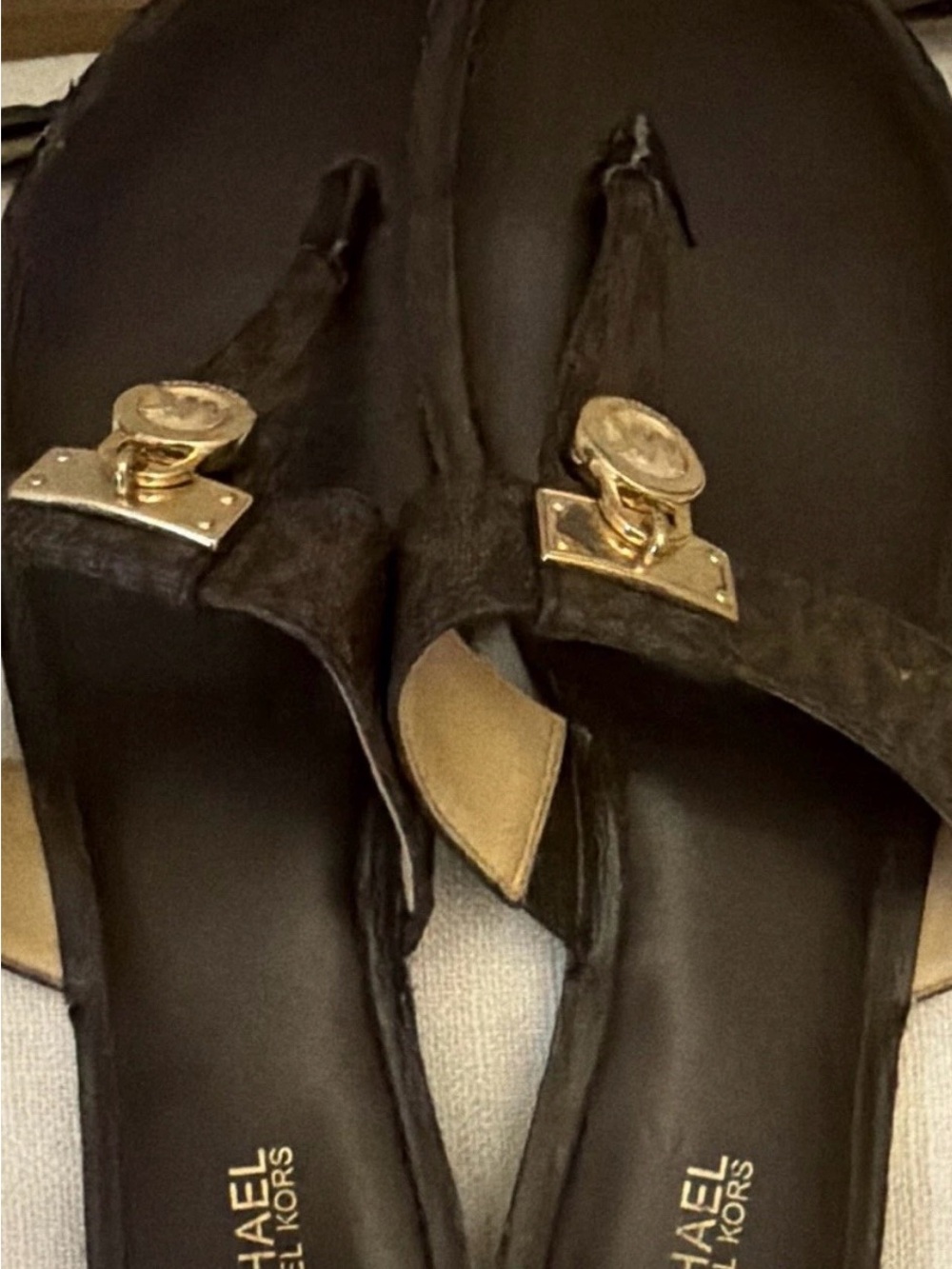 Michael Kors Tan Beige Sandals with Gold Logo Accent - Picture 2 of 3